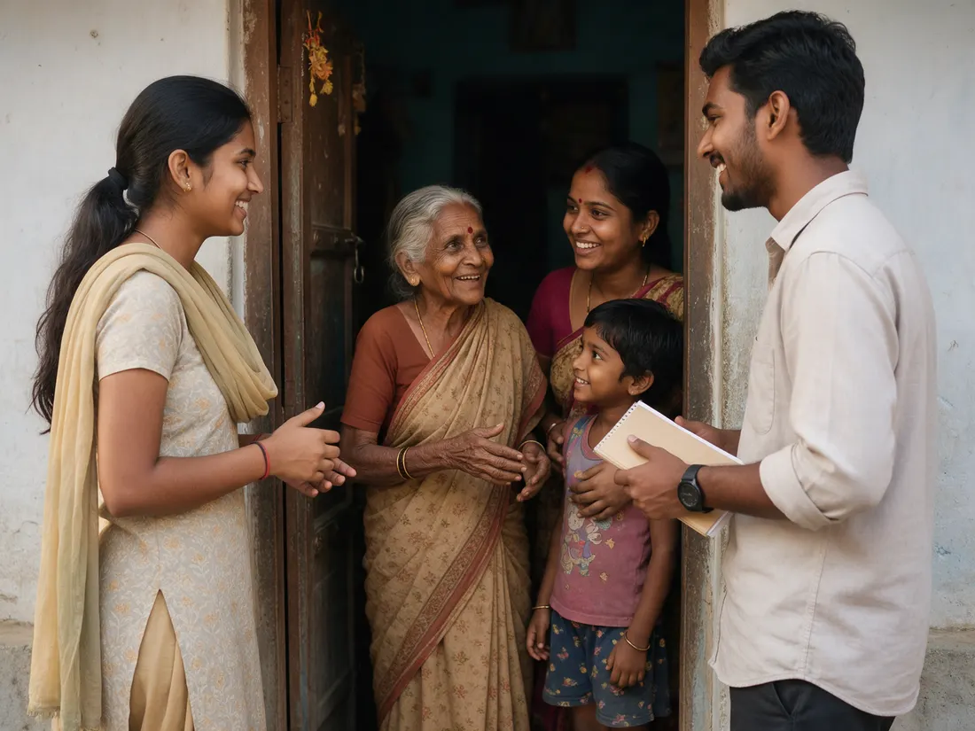 Volunteers speaking with a family at their doorstep