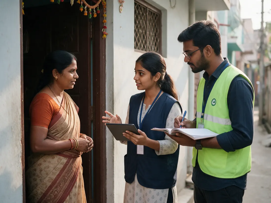 Volunteers speaking with a resident at her doorstep