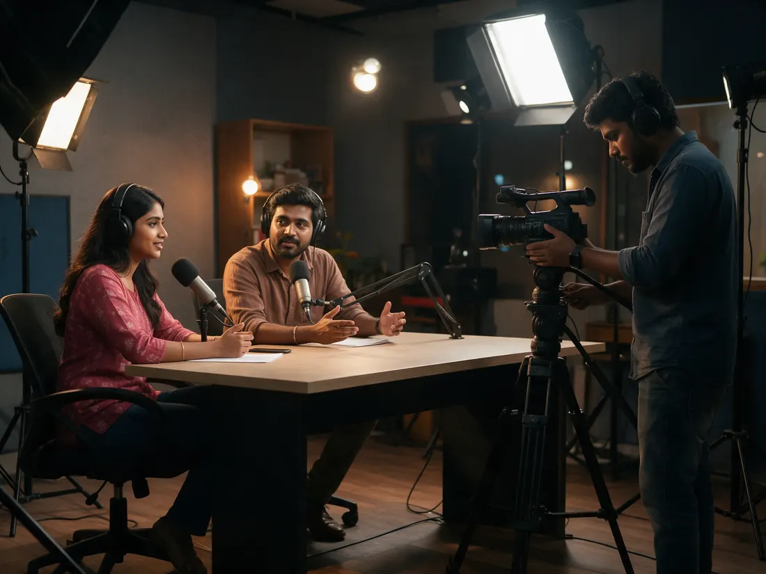 Anchors recording a discussion in a small media studio