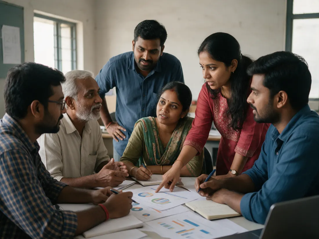 A team reviewing plans around a table