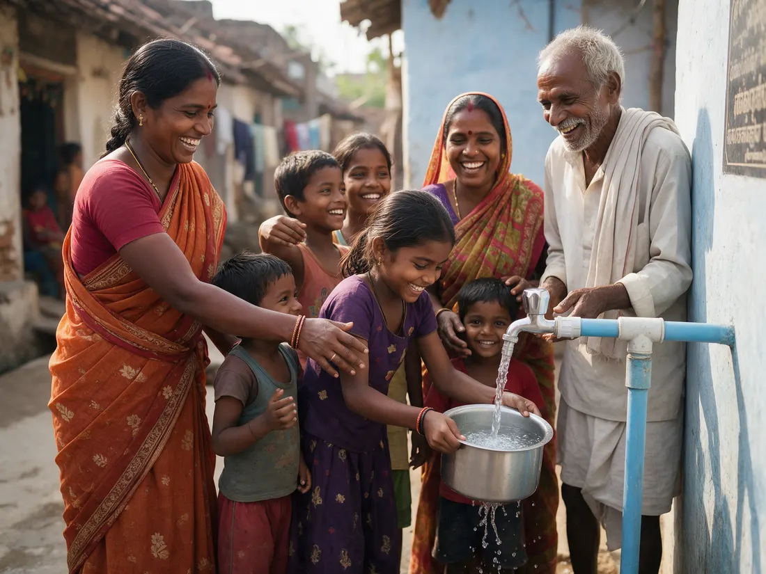 Villagers gathered at a new drinking water tap
