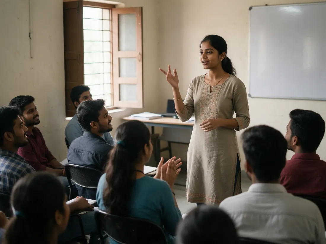 A trainee practising public speaking in front of her class