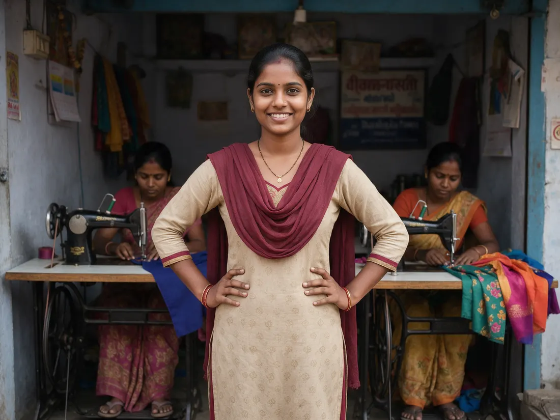 A young woman entrepreneur in her tailoring workshop