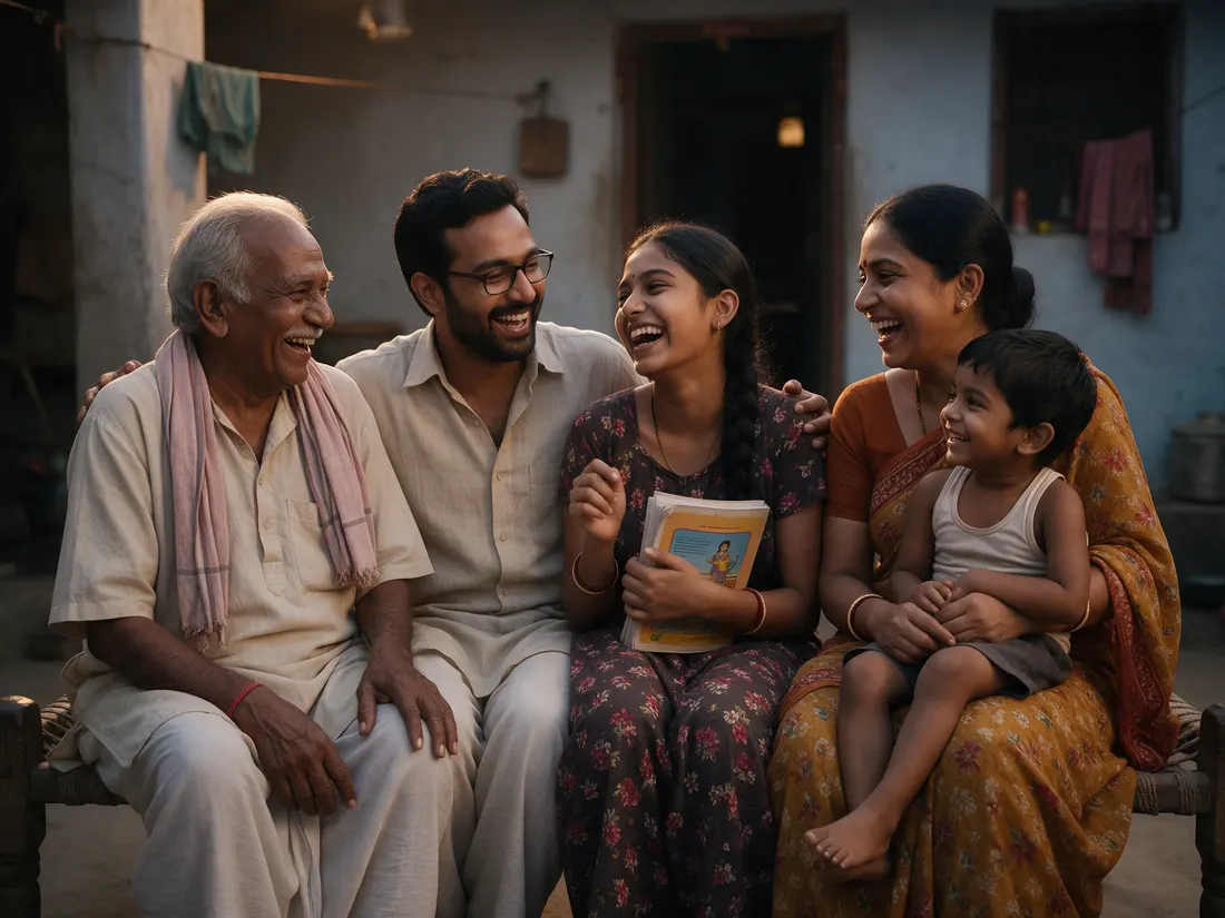 A three-generation family sitting together at home