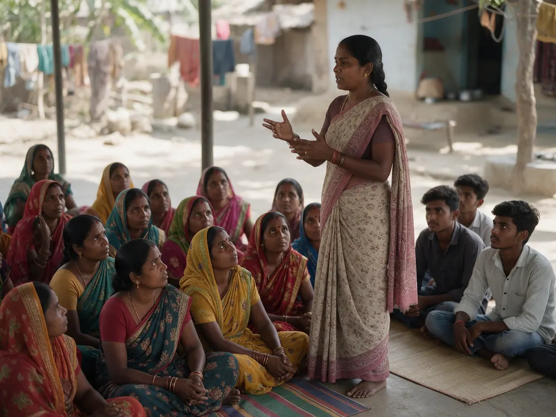 A community awareness meeting in a village