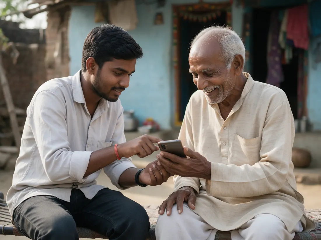 A volunteer helping an elderly man use a smartphone